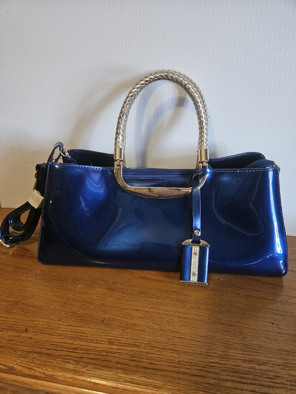 New-Glossy Navy/Gold Satchel With Shoulder Strap